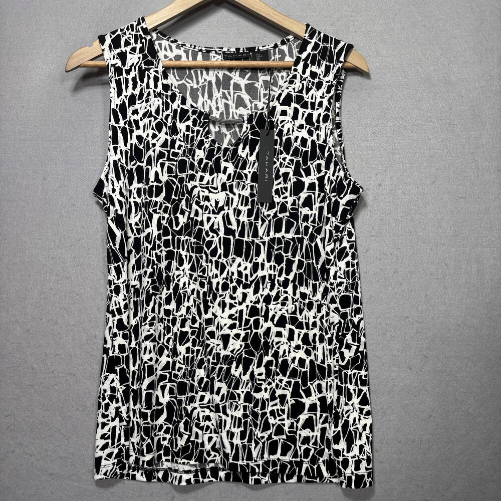 Tahari Abstract Print Top L‎ Sleeveless Black White Modern Chic Statement Bold